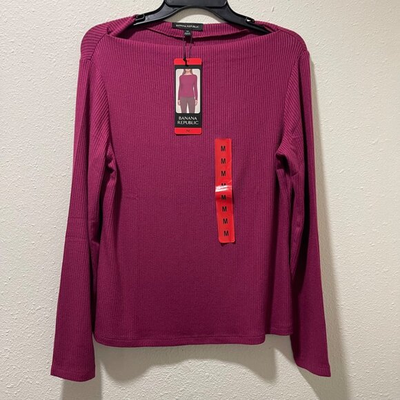 Banana Republic Womens Medium Ribbed Knit Top Red Long Sleeve Boat Neck NWT - Picture 6 of 12